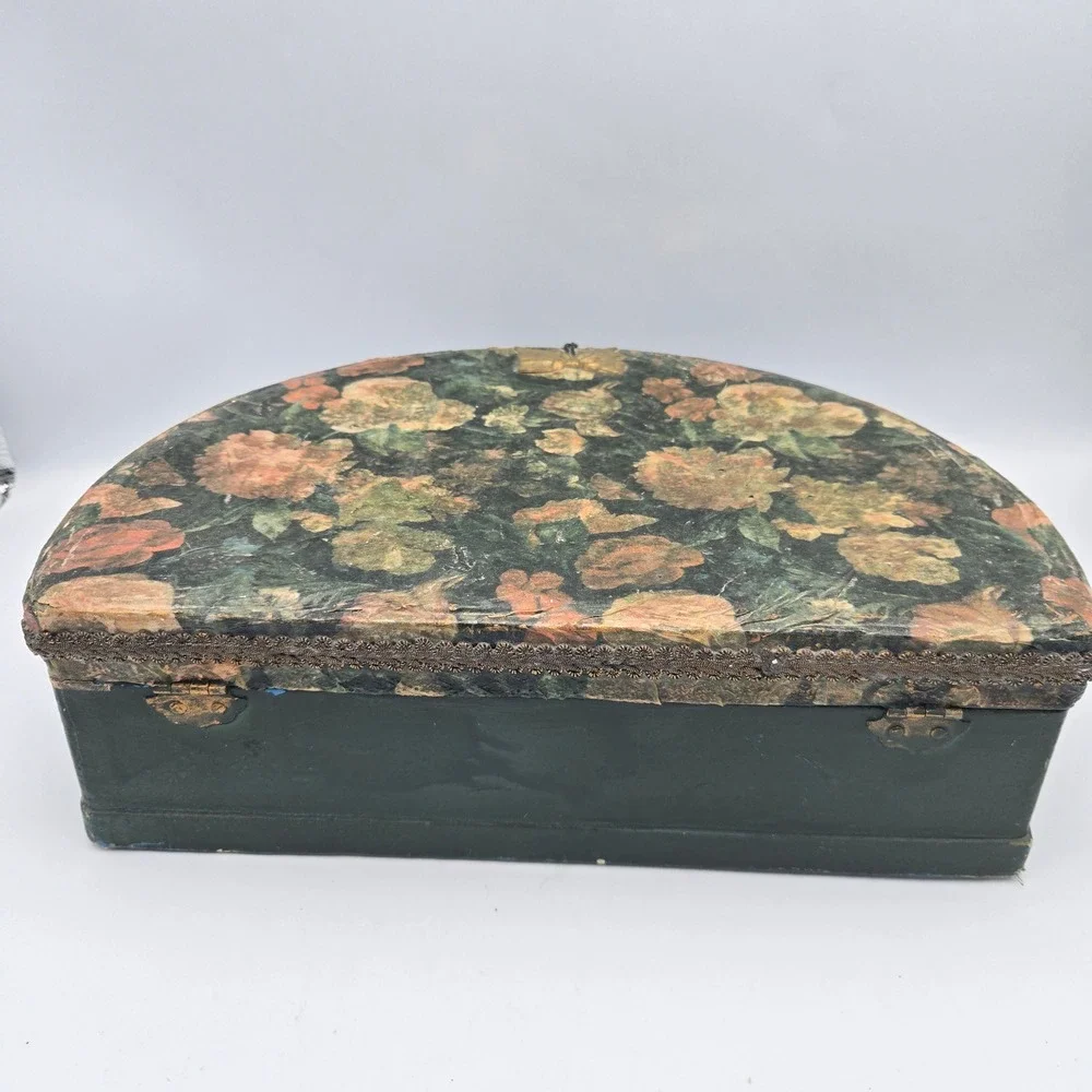 Antique Half Moon Floral‎ Decoupage Large Storage Box Green 12X8X4 Old World